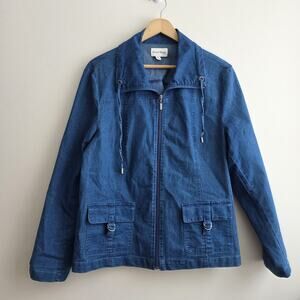 Retro 70s Style Jean Jacket Zip Big Collar Chore Pocket Petite XL Denim Cotton